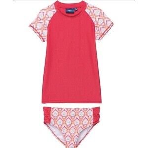 Cabana Life Rash Guard Bikini Bottoms Set Swimsuit Pink UPF 50 Short Sleeve